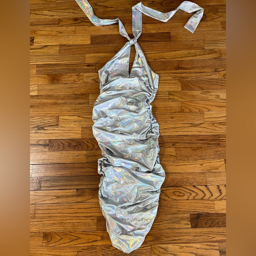 Fashion Nova Silver Holographic Midi Dress